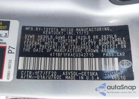 2014 Toyota Camry Se from USA, damaged, VIN 4T1BF1FK4EU342715